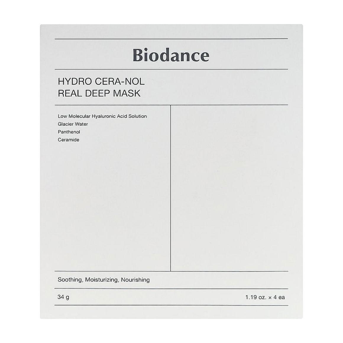 Гідрогелева маска для обличчя Biodance Hydro Cera-Nol Real Deep Sheet Mask з церамідами та пантенолом, 4*34 г